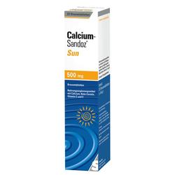 Weiße Packung mit Calcium-Brausetabletten, 500 mg, und Sonnensymbol vorne.