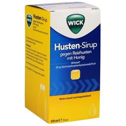 Eine gelb-blaue Verpackung von Hustensirup gegen Reizhusten mit Honiggeschmack.