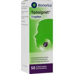 Grüne Verpackung von Tonsipret Tropfen zur Behandlung von Halsschmerzen.