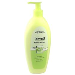 Gelbe Flasche mit Olivenöl-Körper-Balsam und Spender.