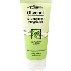 Eine grüne Flasche Olivenöl Feuchtigkeitsmilch von medipharma cosmetics.