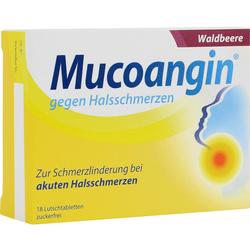 Verpackung von Halsschmerztabletten mit dem Namen "Mucoangin", Geschmacksrichtung Waldbeere.