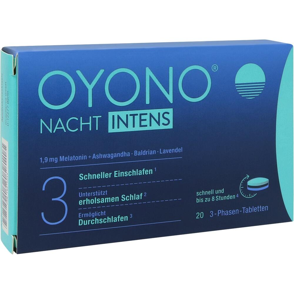 Blaue Schachtel für Schlafmittel mit der Aufschrift "Oyono Nacht Intens".