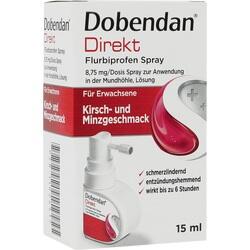 Eine Packung Dobendan Halsspray mit Kirsch- und Minzgeschmack für Erwachsene.