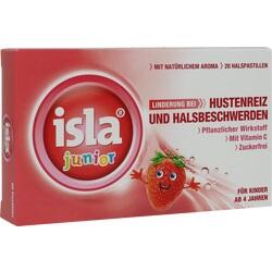 Rote Packung mit isla junior Halsbonbons, Erdbeer-Geschmack für Kinder ab 4 Jahren.